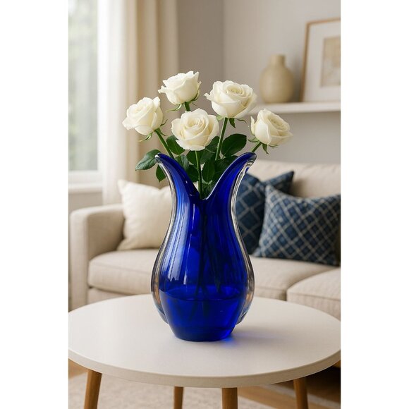 Hand Blown Cobalt Blue Murano Art Glass Vase 10 inches  Decorative Centerpiece - Picture 1 of 10